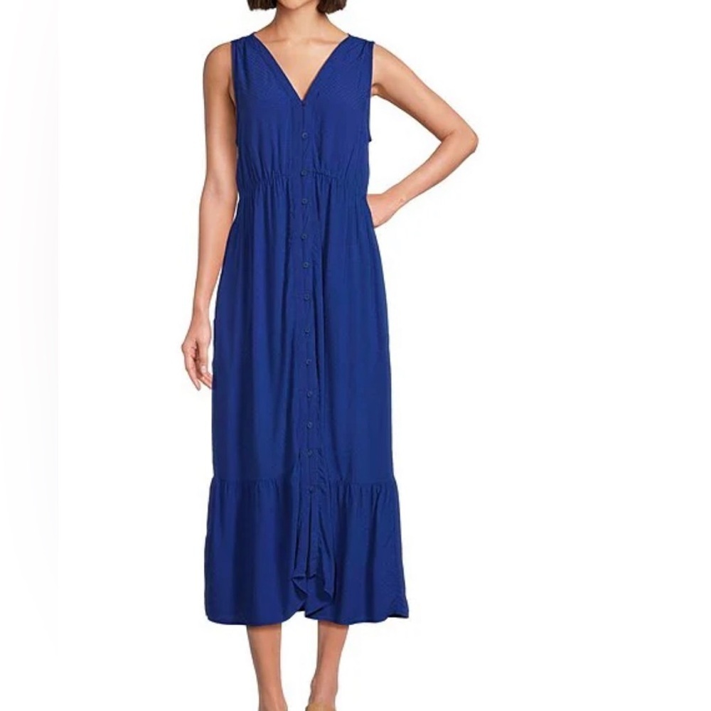 New Westbound V-Neck Sleeveless Blue Button Front Maxi Dress Size XL